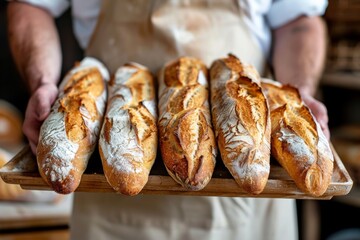 Adult baker holding fresh baguettes in a bakery