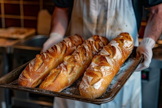 Baker holding freshly baked baguettes in a kitchen