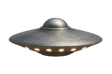 Flying saucer ufo spaceship with bright underlights, symbolizing extraterrestrial life, exploration, and advanced technology. Transparent background