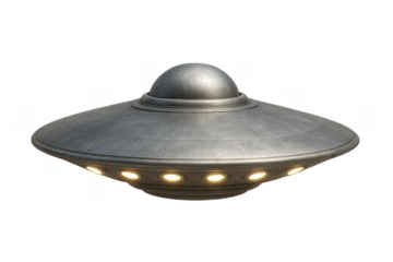 Flying saucer ufo spaceship with bright underlights, symbolizing extraterrestrial life, exploration, and advanced technology. Transparent background