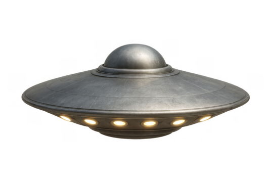 Flying saucer ufo spaceship with bright underlights, symbolizing extraterrestrial life, exploration, and advanced technology. Transparent background