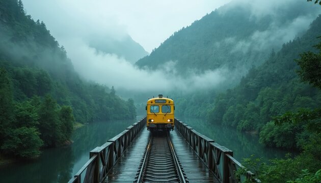 Yellow train crosses misty bridge in green mountains area. Scenic landscape with fog, water. Rail transport goes through rural forest. Travel by public transportation across natural environment. - Powered by Adobe
