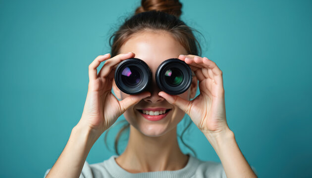 Smiling girl explores world vision through photo lenses. Young woman creatively searches new perspectives on blue background. Female finds different focus, exploring possibilities, opportunities.