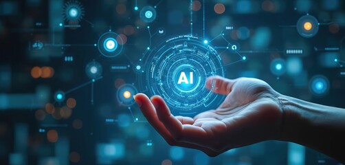 Hand holds AI technology interface. Futuristic digital network connects to palm. Modern cyberspace design offers automation solutions, machine learning, virtual assistance, innovation for tech,
