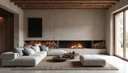 Modern living room features fireplace logs, neutral tone. Stylish house has wooden beams, decor, light walls, big window, cozy couch. Minimalist interior with rustic design. Relax zone in apartment.