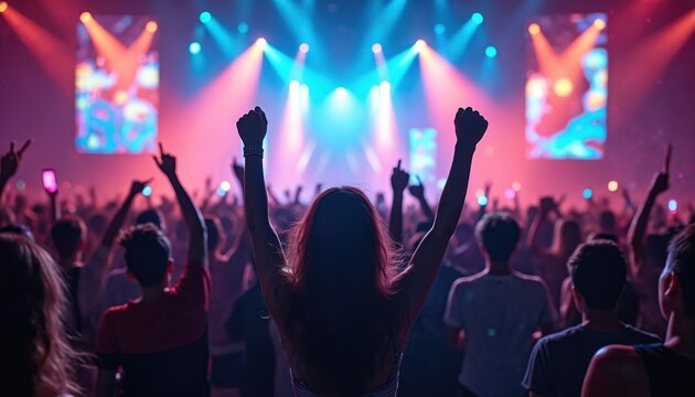 Concert crowd cheers with raised hands, vibrant stage lights. People enjoy live music show, performance. Audience celebrates idol group, feeling strong connection, passion. Night club atmosphere,