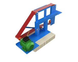 3D Technical Illustration of Mechanical Conveyor System Prototype with Green Electric Motor and Blue Frame. Detailed Industrial Automation Equipment Model, PNG Transparent HD Background.
