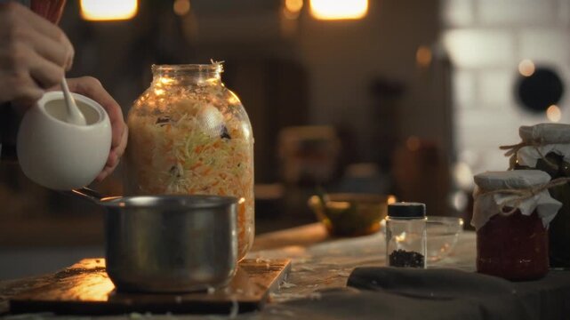 Mixing ingredients for rosol marinade to ferment cabbage. This process takes place in a cozy kitchen, creating a flavorful base for homemade sauerkraut and enhancing its preservation