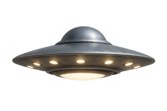 Flying saucer spaceship with glowing lights exploring space, representing alien life and sci-fi discovery (transparent background)