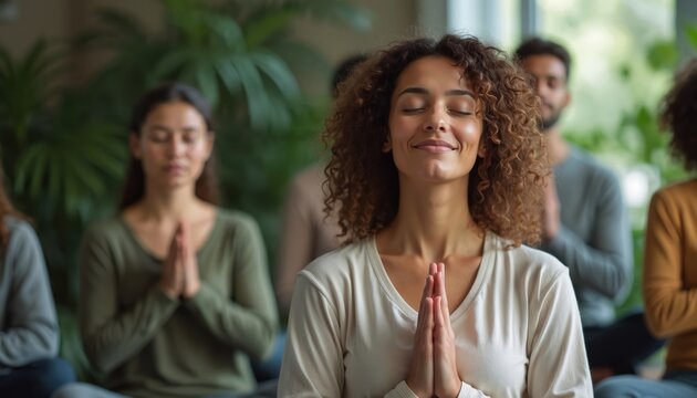 Therapist guides group of employees through relaxation session. Individuals practice mindfulness meditation improving emotional wellbeing, lowering workplace stress. Focused participants find inner