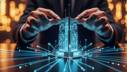 Jaringan Digital Futuristik Yang Dipegang Tangan Membangun Koneksi Data