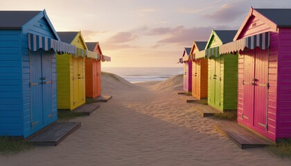 Colorful Beach Huts Lined Up On Sandy Path Leading To Ocean With Gentle Waves Under A Golden Sunset Sky With Wispy Clouds