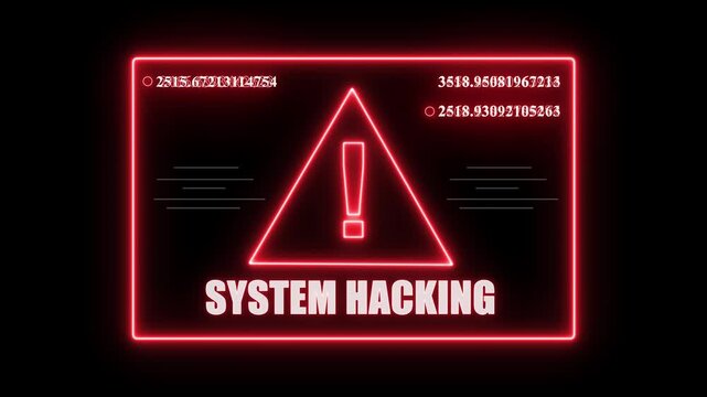 glowing Neon Cyber attack and security breach warning alert message Virus code software hack Hacking attack in Progress, Alert Message, System Breach Computer Virus, alert blackmailing virus countdown