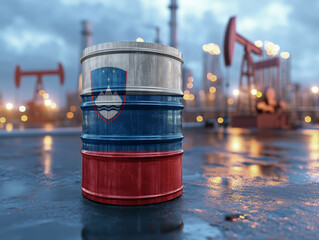 Oil barrel with vibrant flag of slovenia stands on the ground. With oil pumps and oil production in the background. The image captures resource extraction, economy, and raw industrial power.