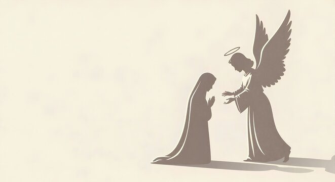 Minimalist silhouette of the Annunciation scene. Angel Gabriel announces news to the kneeling Virgin Mary. Biblical Christian illustration for Christmas with copy space.