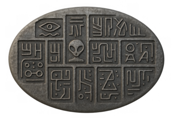 Ancient alien artifact with mysterious symbols and extraterrestrial hieroglyphs, isolated on transparent background