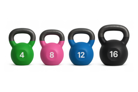 Kettlebells in a row showing different weights for strength training, fitness, and workout on transparent background