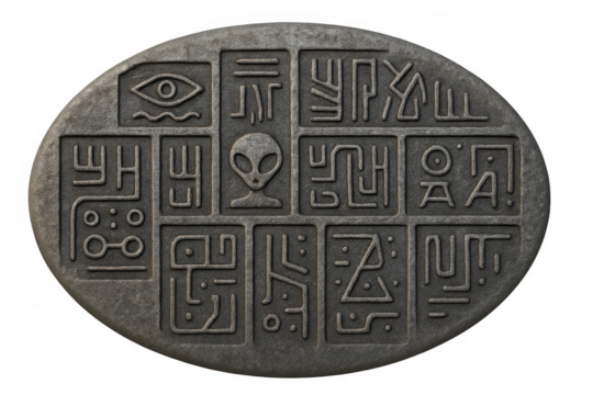 Ancient alien artifact with mysterious symbols and extraterrestrial hieroglyphs, isolated on transparent background
