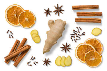 Collection of natural winter and Christmas elements, including dried orange slices, cinnamon sticks, star anise, fresh ginger, cloves and ginger slices isolated on a transparent background, PNG.
