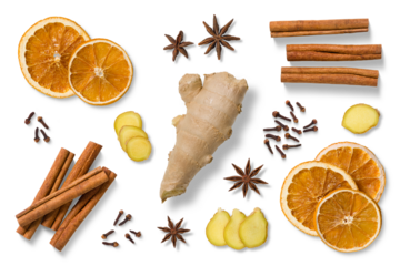 Collection of natural winter and Christmas elements, including dried orange slices, cinnamon sticks, star anise, fresh ginger, cloves and ginger slices isolated on a transparent background, PNG. 
