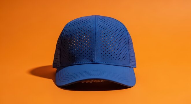 Blue mesh baseball cap on orange background