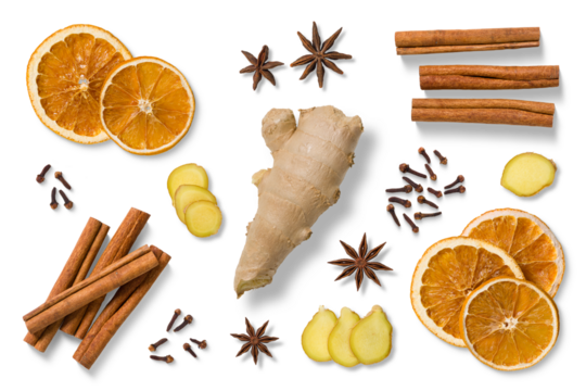 Collection of natural winter and Christmas elements, including dried orange slices, cinnamon sticks, star anise, fresh ginger, cloves and ginger slices isolated on a transparent background, PNG.  - Powered by Adobe