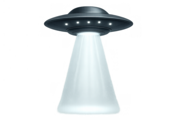 Ufo flying saucer emitting bright light beam, an alien spaceship concept with a transparent background