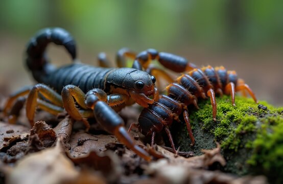 Black Asian forest scorpion hunts centipede on forest floor among dry leaves. Predator uses claw to catch prey. Macro shot shows detailed creature in natural habitat. Wildlife scene with two
