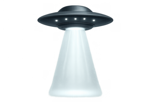 Ufo flying saucer emitting bright light beam, an alien spaceship concept with a transparent background