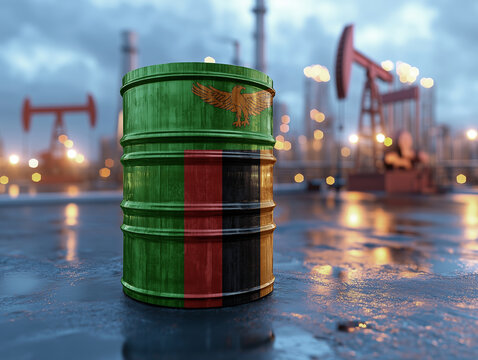 Oil barrel with vibrant flag of zambia stands on the ground. with pumpjacks glowing in the background highlighting oil dependence and industrial reality.