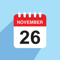 26 november calendar date icon. vector illustration with shadow design
