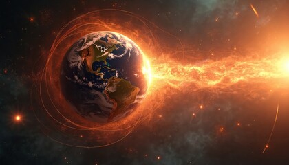Fototapeta premium Earths magnetic field deflects solar wind streams. Planet is protected from intense cosmic energy by natural shield. Space phenomenon with plasma flow and light.
