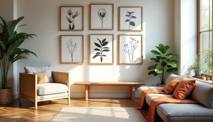 Fototapeta premium Modern living room with botanical art prints. Features comfortable seating, wooden furniture, and potted plants creating a serene atmosphere. Sunlight streams through large window.