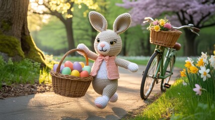 A charming hare, crocheted in a festive Easter outfit, with a basket filled with colorful eggs. The hare happily celebrates the holiday by jumping along the forest path.