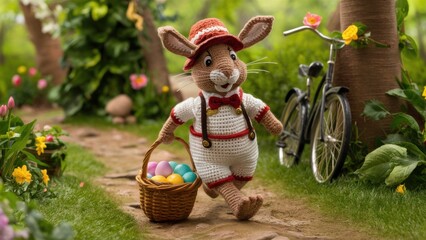 A charming hare, crocheted in a festive Easter outfit, with a basket filled with colorful eggs. The hare happily celebrates the holiday by jumping along the forest path.
