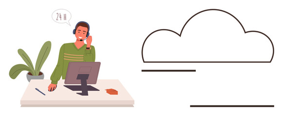 Support agent with headset and computer assisting customers. Green plant, document, and cloud graphic symbolize connection, 247 service, productivity. Ideal for tech support, remote work