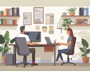 Fototapeta premium Modern office scene featuring two people working collaboratively at a desk surrounded by plants and shelves.