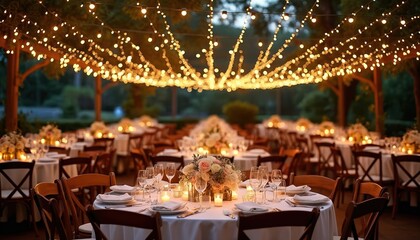 Elegant table setting prepared for wedding celebration dinner. Romantic hall decoration with string lights above tables with candles. Festively decorated tables at outdoor terrace for summer holiday