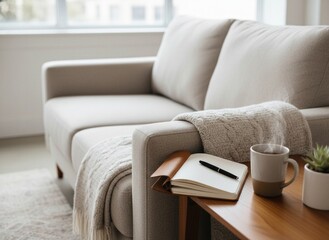 Modern neutral living room with open journal, black pen, and steaming coffee mug on a wooden side table next to a beige sofa with a knitted blanket.