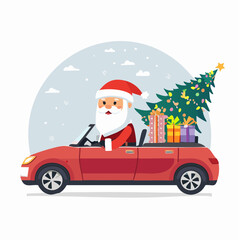 Santa Claus Driving Red Convertible with Christmas Tree and Gifts