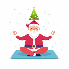 Santa Claus Meditating Yoga with Christmas Tree on Head