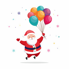 Jolly Santa Claus Flying with Colorful Christmas Balloons