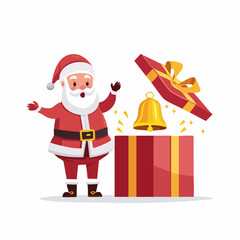 Cartoon Santa Claus Surprised by Jingle Bell Popping from Gift Box