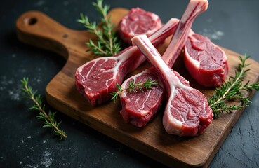 Raw lamb chops arranged on wooden board with rosemary sprigs. Fresh uncooked meat with visible marbling, ready for cooking. Savory dish preparation against dark backdrop.