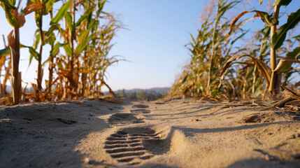 Footprints in sandy path between tall corn plants under clear blue sky, showcasing agricultural landscape and natural beauty in rural setting with warm sunlight