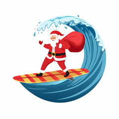 Festive Santa Claus Surfing a Big Wave with Gifts