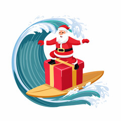 Santa Claus Surfing on a Christmas Gift Box Wave - Flat Vector