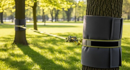 Slackline attached between trees in sunlit park for outdoor balancing activity