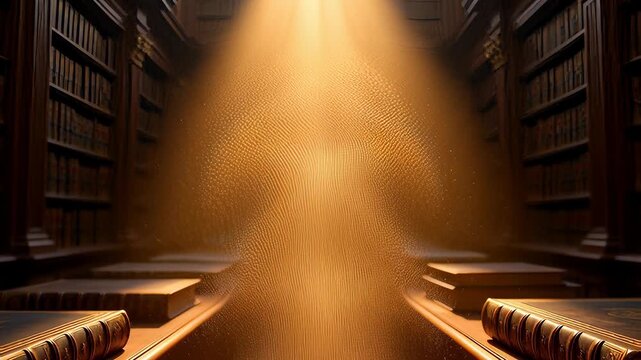A Moment of Stillness in a historic, ornate library, bathed in peaceful sunbeam light that highlights golden dust above quiet, ancient books.