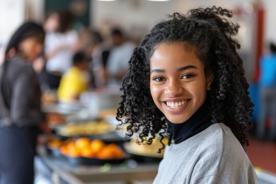 Teen girl smiling happily in a busy kitchen - Powered by Adobe